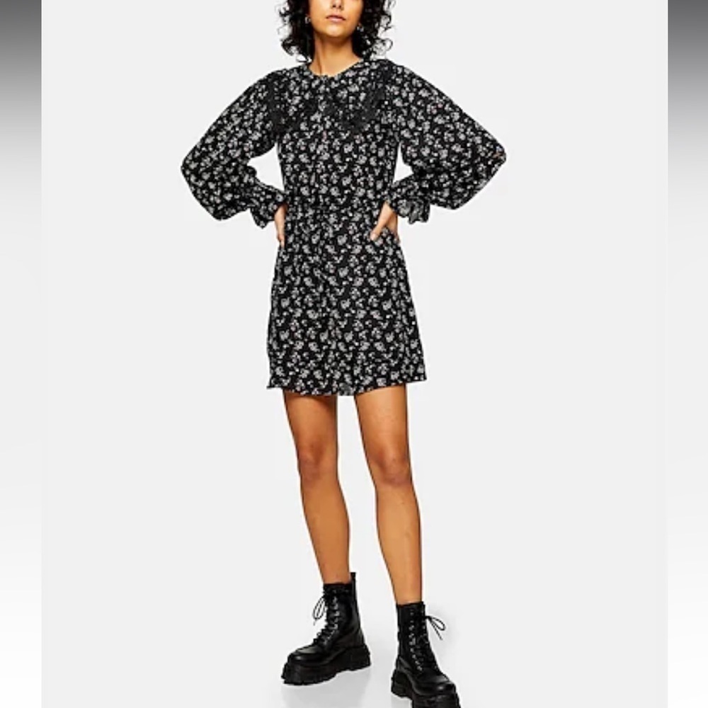 Topshop NWT Collar Detail Tie Waist Mini floral ballon sleeve dress